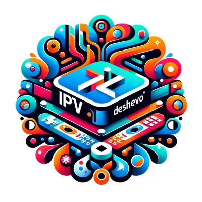 DALL·E 2024-01-10 12.17.48 - A logo design for 'IPTV Deshevo'. The logo features an IPTV set-top box at the center, surrounded by a variety of abstract, stylized logos representin.webp